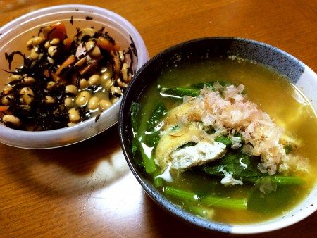 復活してきたので…お雑煮 半熟卵入り、ひじきと大豆の煮物